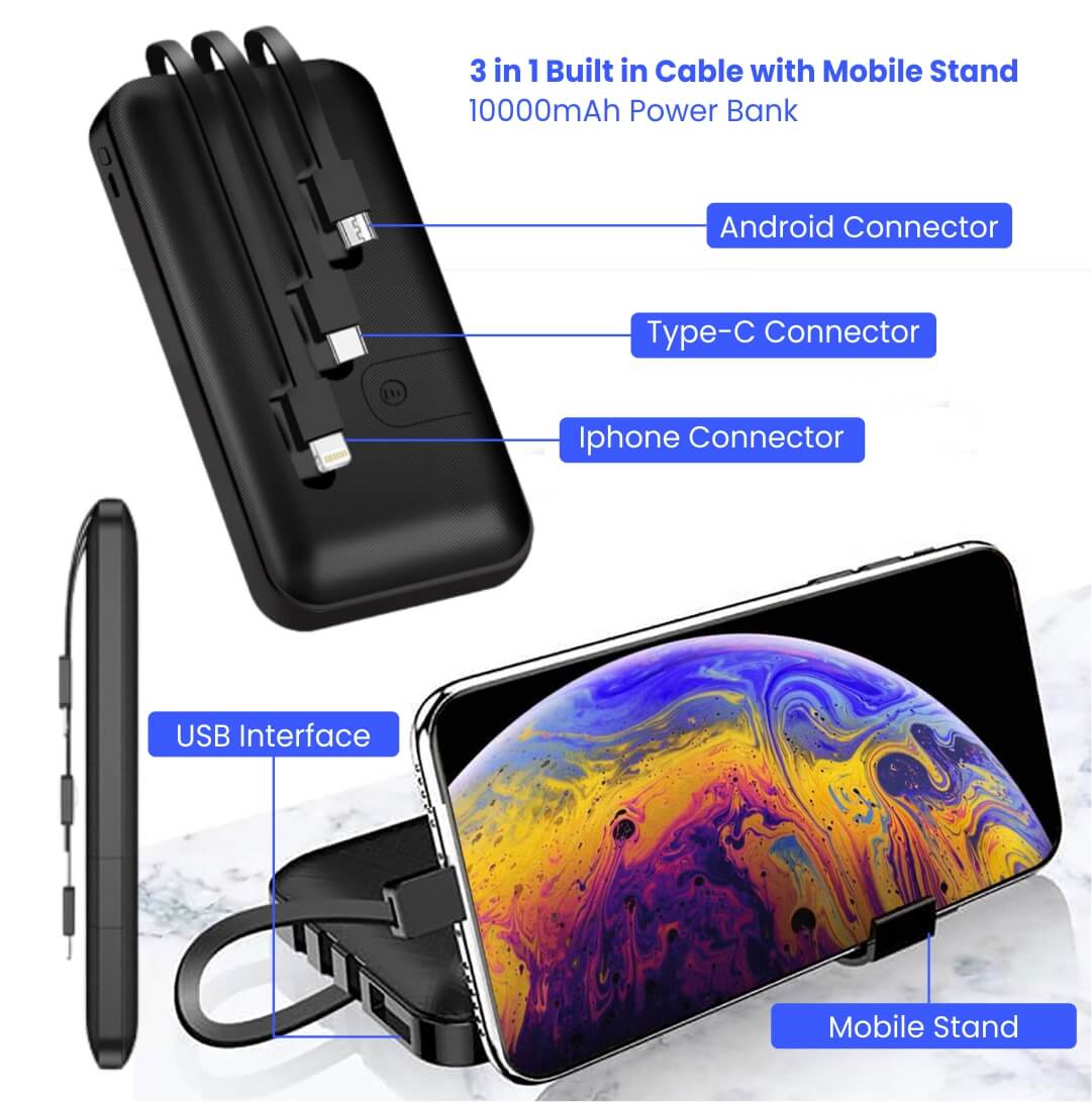 3 in 1 Built in Cable 10000mAh Power Bank with Mobile Stand