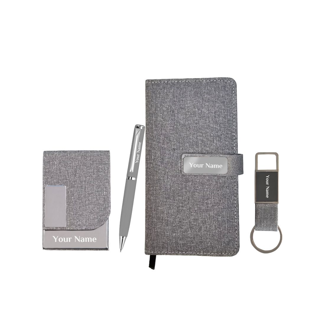 Customized 4 in 1 Gift Set Small Diary, Card Holder, Pen and Keychain - Grey