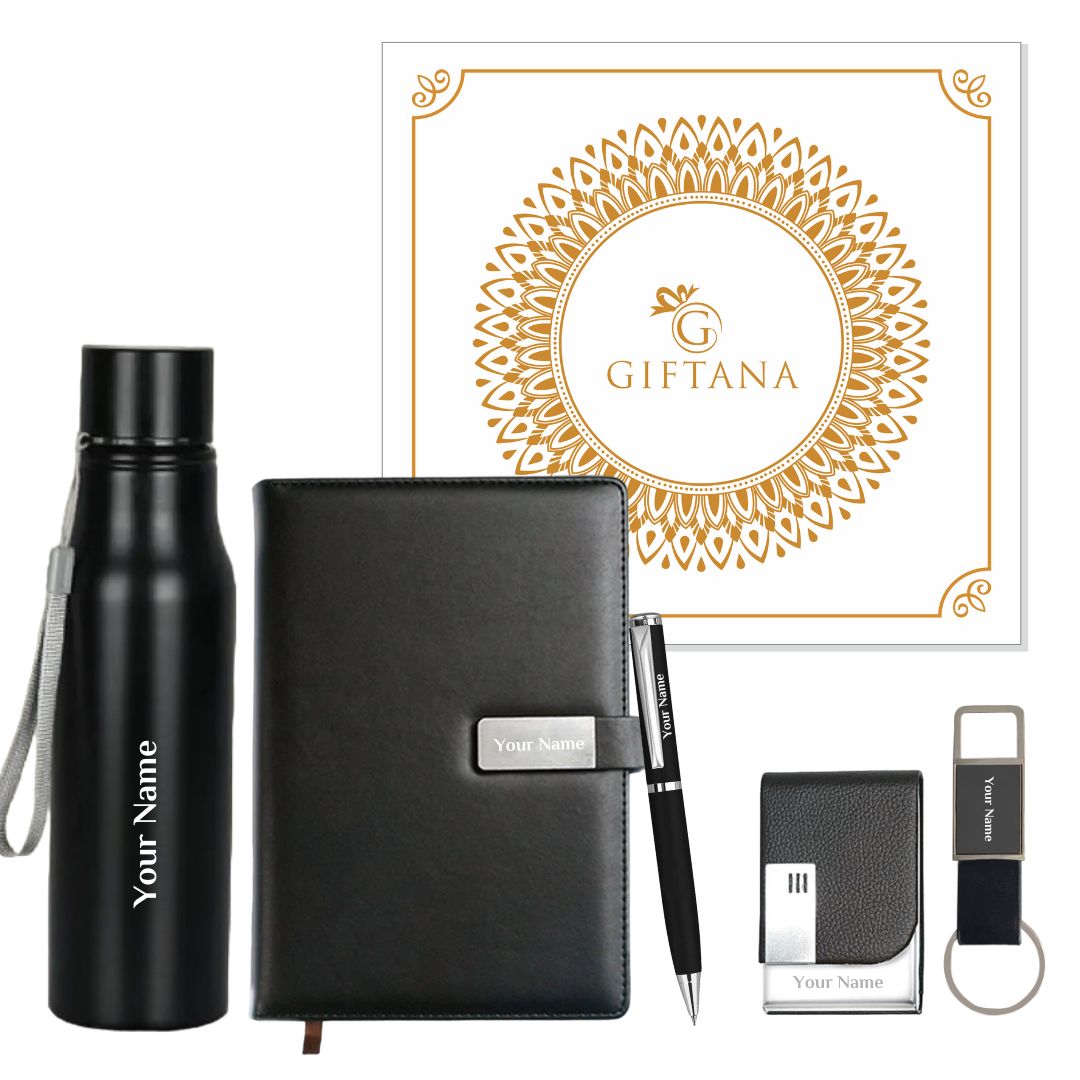 Personalized 5 in 1 Gift Set Water Bottle, Metallic Pen, Keychain, Notebook Diary and Cardholder with Name
