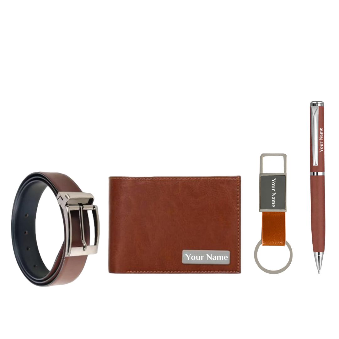 4 in 1 Personalised Gifts Belt, Pen, Bottle Opener Keychain, Leather Wallet with Name