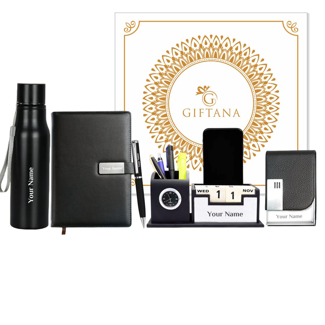 Personalized 5 in 1 Gift Set Steel Bottle, Notebook Diary, Metal Pen, Desk Organiser and Cardholder