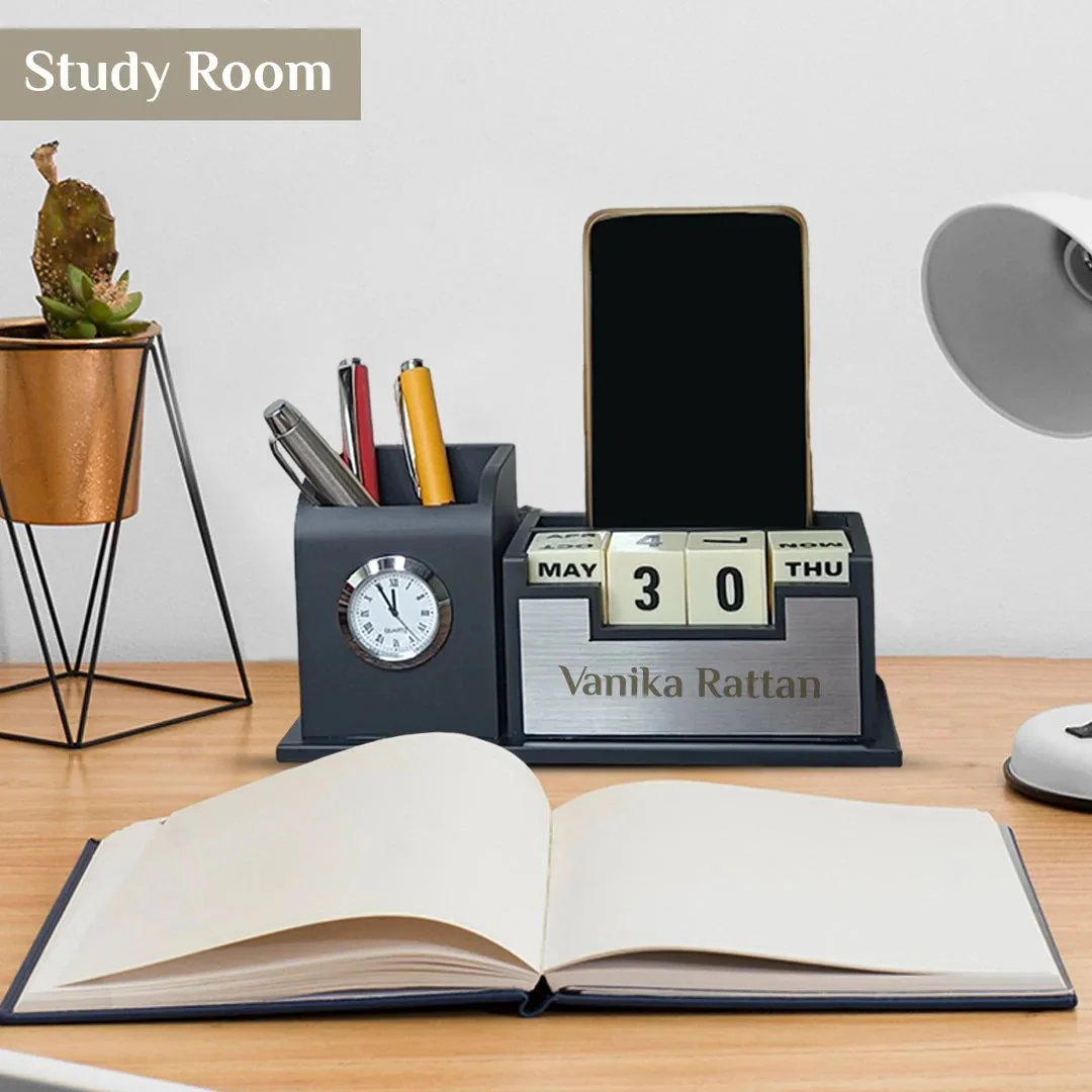 Personalized Silver Desk Organizer with Pen Stand & Calendar