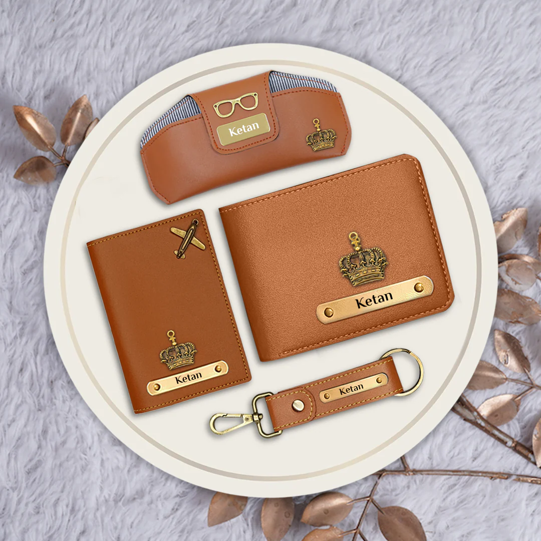 Customized Gift for Men - Wallet, Keychain, Passport Cover & Sunglass Case Set