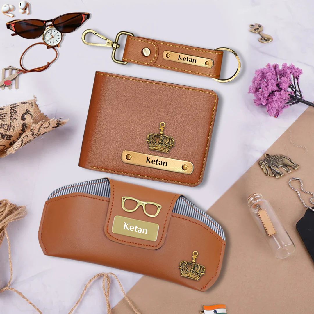 Corporate Gift for Men – Elegant Tan Wallet, Keychain & Sunglass Case Set