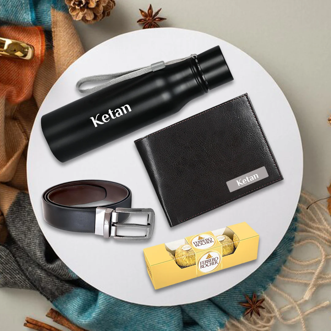 Customized Gift Set for Him – Premium Wallet, Belt, Bottle & Chocolates