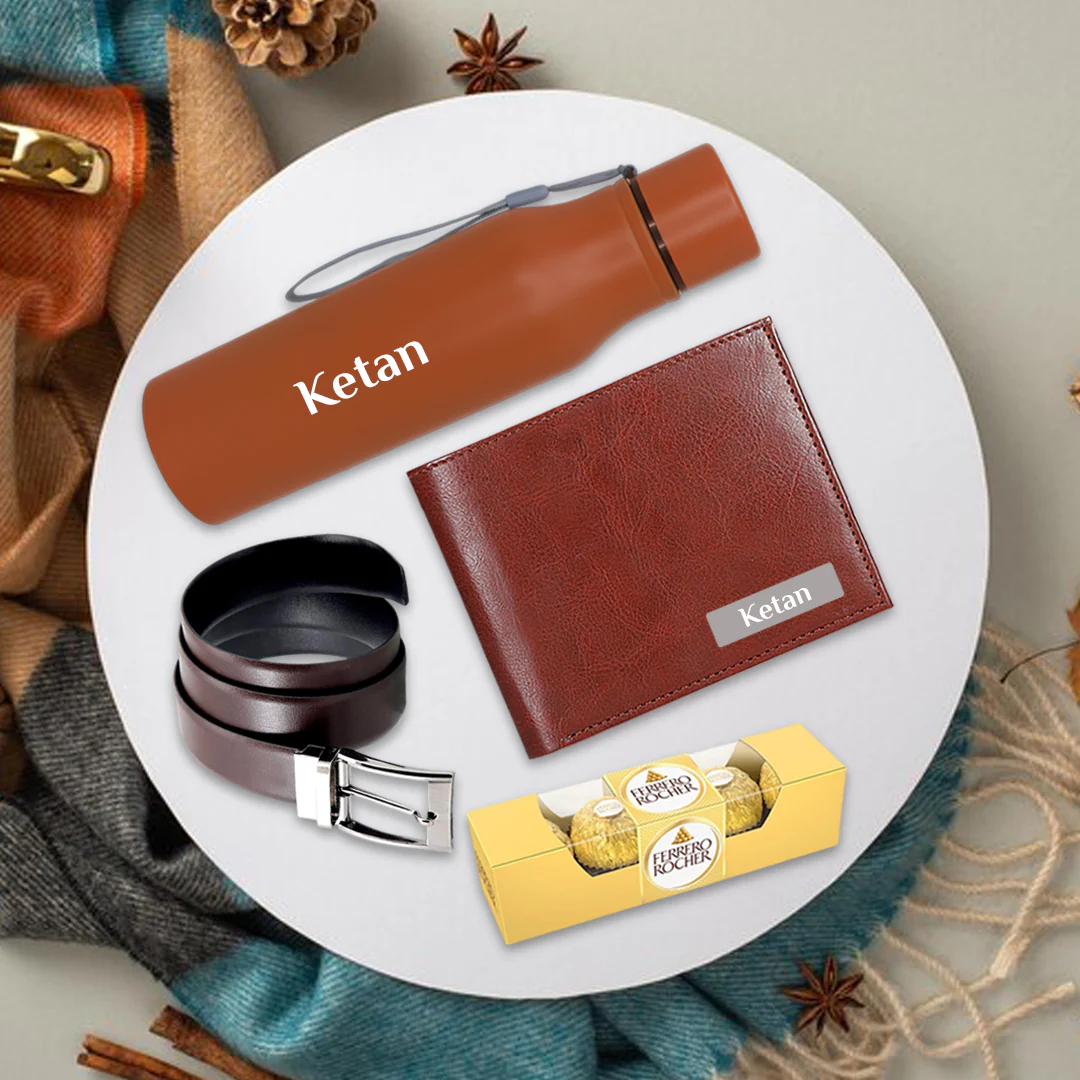 Customized Gift Set for Him – Premium Wallet, Belt, Bottle & Chocolates