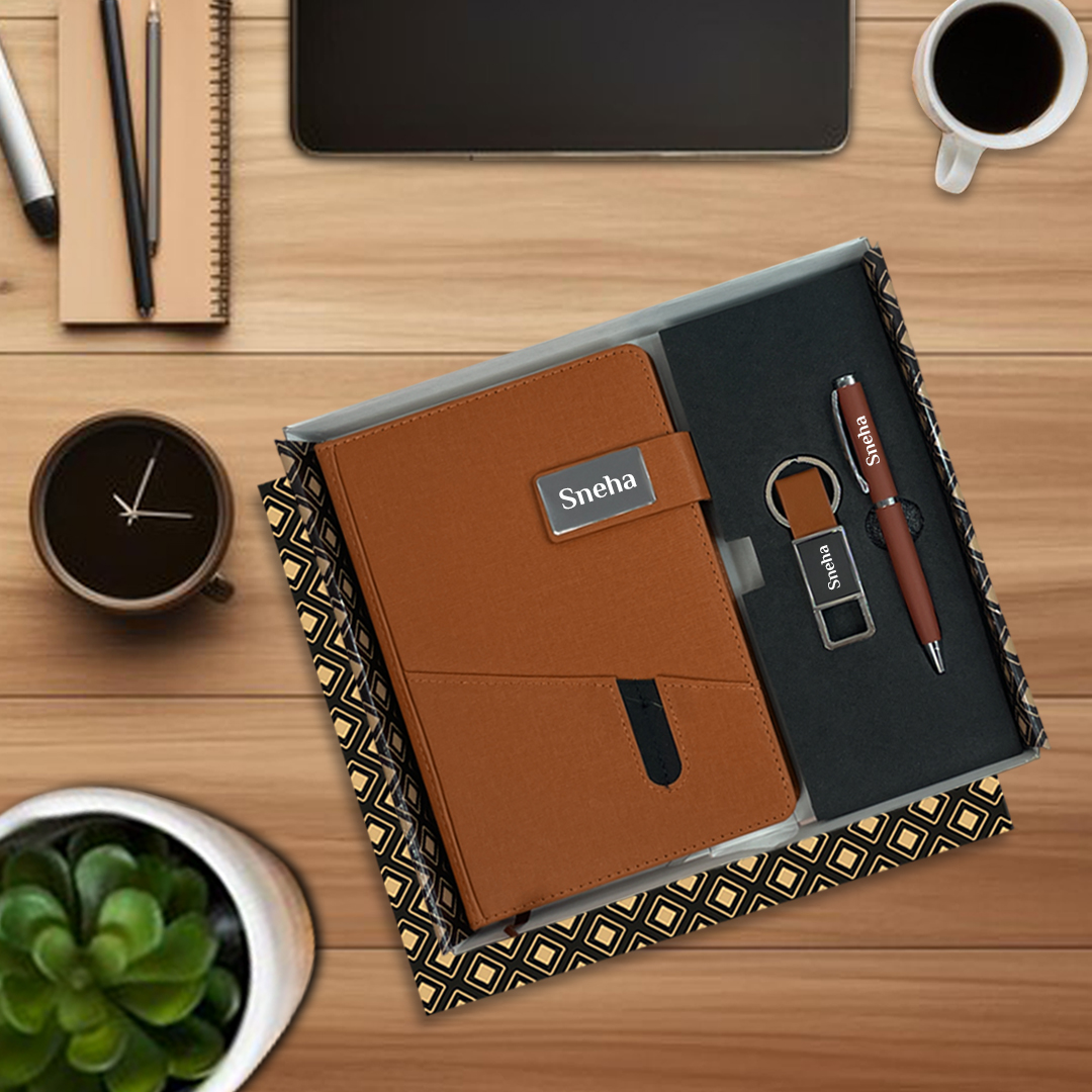 Corporate Gift Set - 3-in-1 Personalized Jute Diary, Pen & Keychain