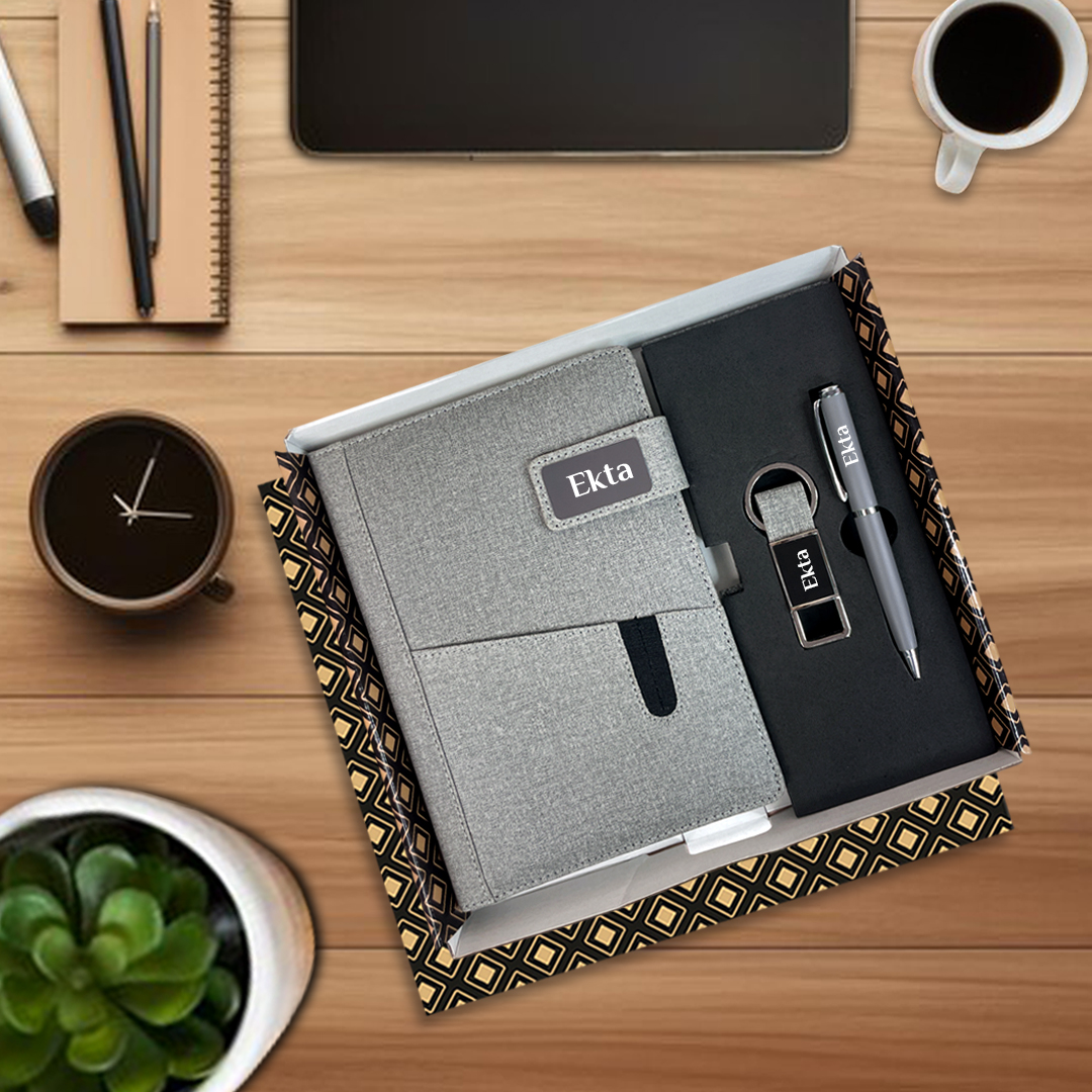 Corporate Gift Set - 3-in-1 Personalized Jute Diary, Pen & Keychain