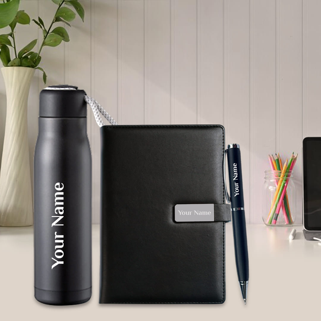 Premium Corporate Gift – 3-in-1 Personalized Flask, Diary & Pen Set