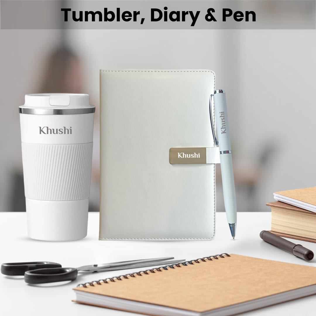 Premium Corporate Gift – 3-in-1 Personalized Set with Diary, Pen & Tumbler