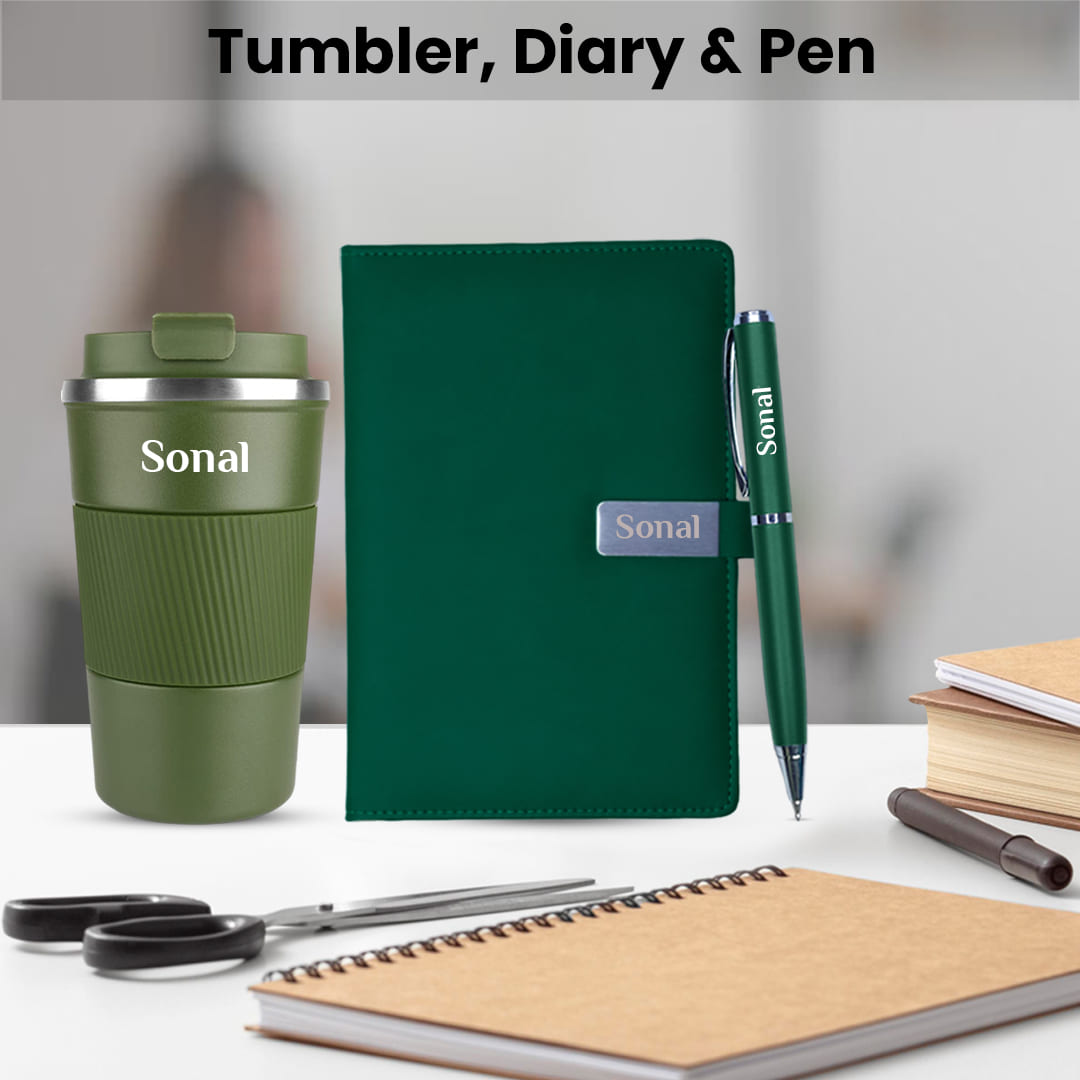 Premium Corporate Gift – 3-in-1 Personalized Set with Diary, Pen & Tumbler