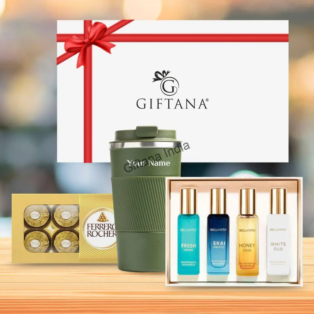 Corporate Gift Set-Personalized Tumbler, Chocolates And Perfume