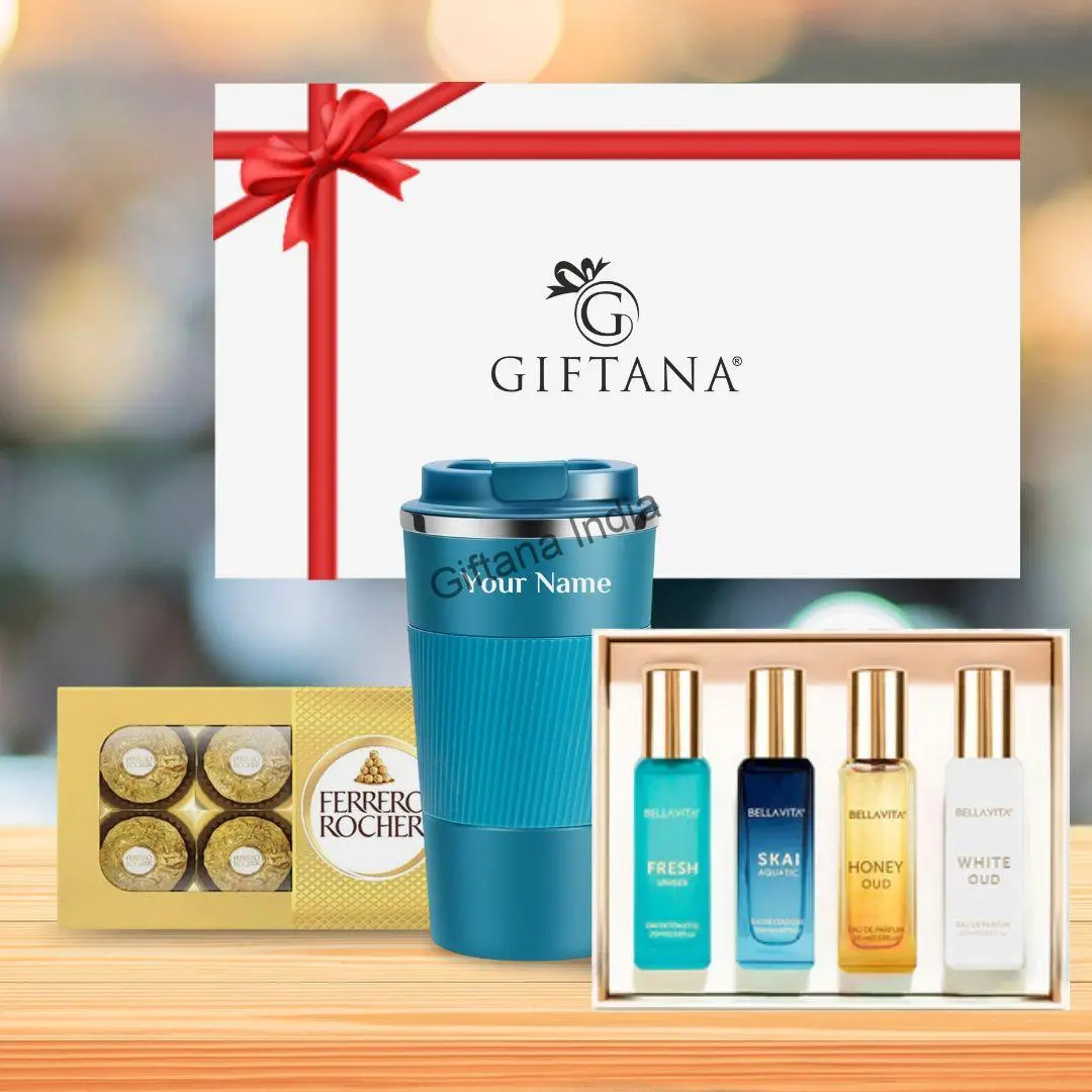 Corporate Gift Set-Personalized Tumbler, Chocolates And Perfume